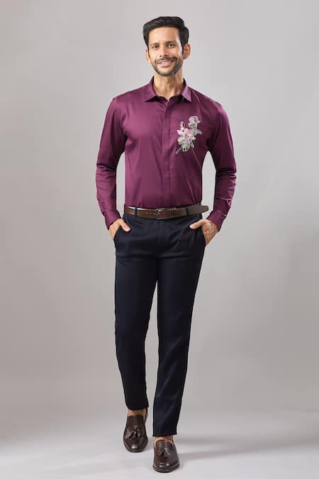 Aariyana Couture_Burgundy Cotton Embroidery Resham Floral Placement Shirt _at_Aza_Fashions