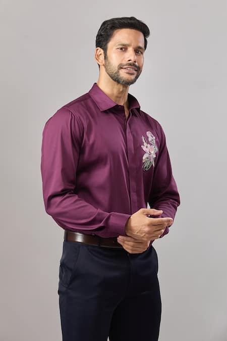 Buy_Aariyana Couture_Burgundy Cotton Embroidery Resham Floral Placement Shirt 