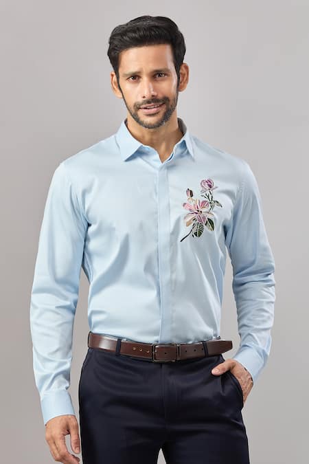 Aariyana Couture Blue Cotton Embroidery Floral Placement Casual Shirt 