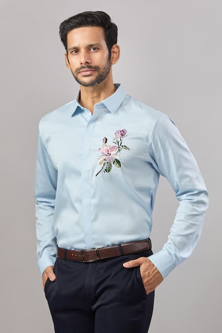 Buy_Aariyana Couture_Blue Cotton Embroidery Floral Placement Casual Shirt _Online_at_Aza_Fashions