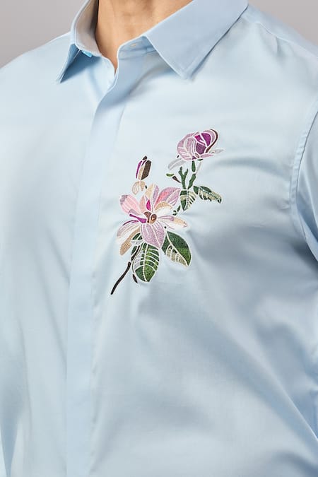 Shop_Aariyana Couture_Blue Cotton Embroidery Floral Placement Casual Shirt _Online_at_Aza_Fashions