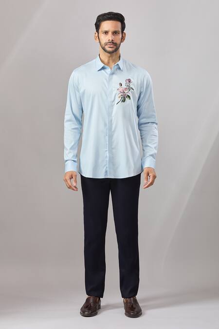 Aariyana Couture_Blue Cotton Embroidery Floral Placement Casual Shirt _at_Aza_Fashions