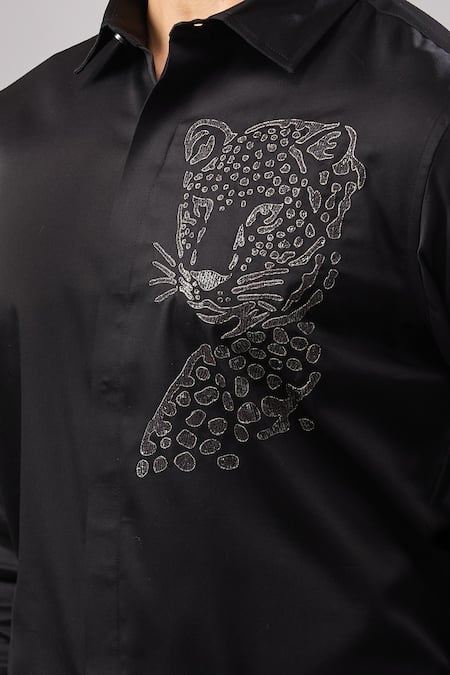 Aariyana Couture_Black Cotton Embroidery Cheetah Placement Casual Shirt _Online_at_Aza_Fashions
