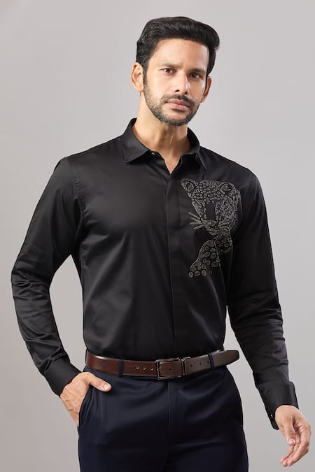 Aariyana Couture Black Cotton Embroidery Cheetah Placement Casual Shirt 