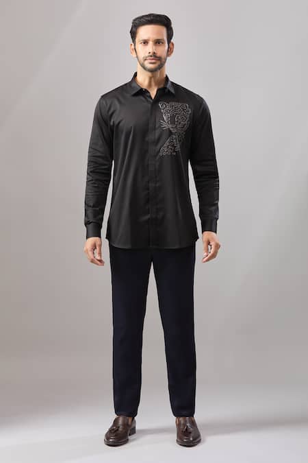 Aariyana Couture_Black Cotton Embroidery Cheetah Placement Casual Shirt _at_Aza_Fashions