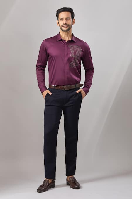Aariyana Couture_Burgundy Cotton Embroidery Leopard Placement Casual Shirt _Online_at_Aza_Fashions