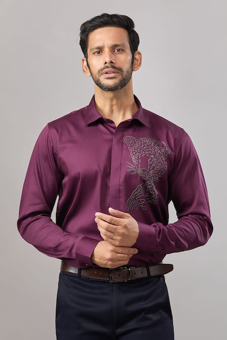 Buy_Aariyana Couture_Burgundy Cotton Embroidery Leopard Placement Casual Shirt _Online_at_Aza_Fashions