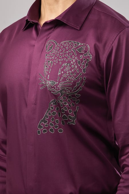 Shop_Aariyana Couture_Burgundy Cotton Embroidery Leopard Placement Casual Shirt _Online_at_Aza_Fashions