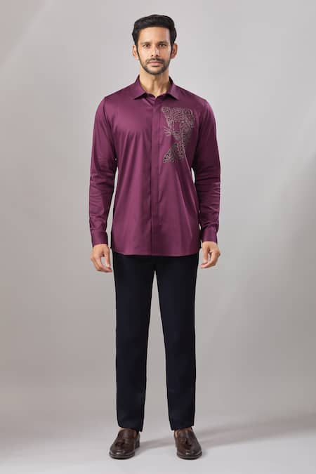 Aariyana Couture_Burgundy Cotton Embroidery Leopard Placement Casual Shirt _at_Aza_Fashions