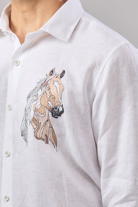 Aariyana Couture_White Cotton Embroidery Horse Placement Casual Shirt _Online_at_Aza_Fashions
