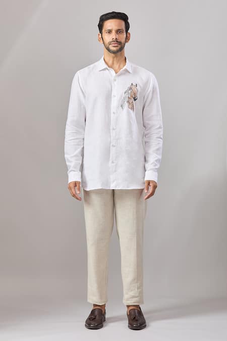 Buy_Aariyana Couture_White Cotton Embroidery Horse Placement Casual Shirt _Online_at_Aza_Fashions