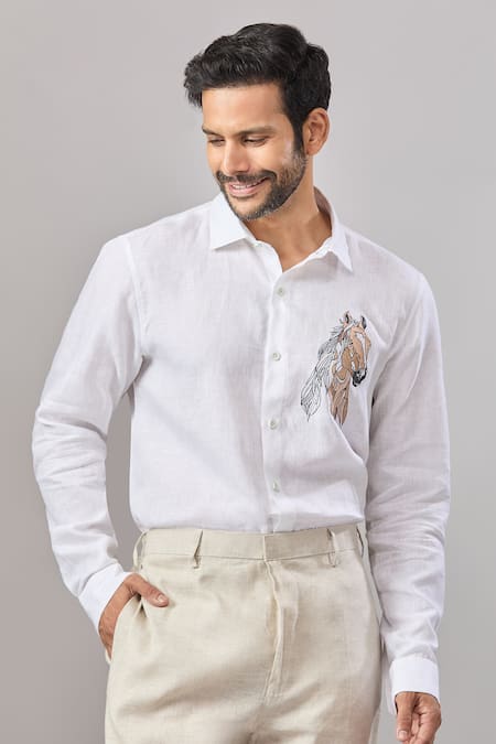 Shop_Aariyana Couture_White Cotton Embroidery Horse Placement Casual Shirt _Online_at_Aza_Fashions