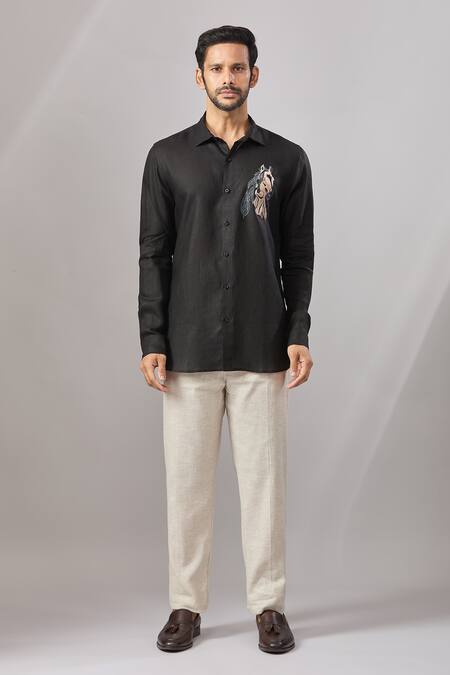 Buy_Aariyana Couture_Black Cotton Embroidery Horse Pony Casual Shirt _Online_at_Aza_Fashions