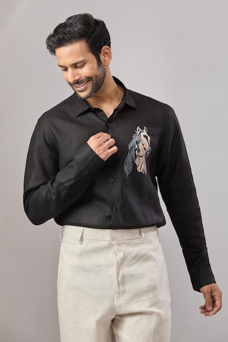 Shop_Aariyana Couture_Black Cotton Embroidery Horse Pony Casual Shirt _Online_at_Aza_Fashions