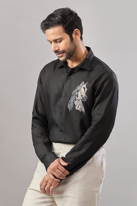 Aariyana Couture_Black Cotton Embroidery Horse Pony Casual Shirt _at_Aza_Fashions