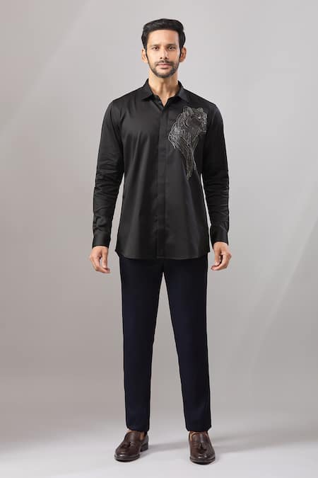 Aariyana Couture_Black Cotton Embroidery Panther Placement Casual Shirt _Online_at_Aza_Fashions