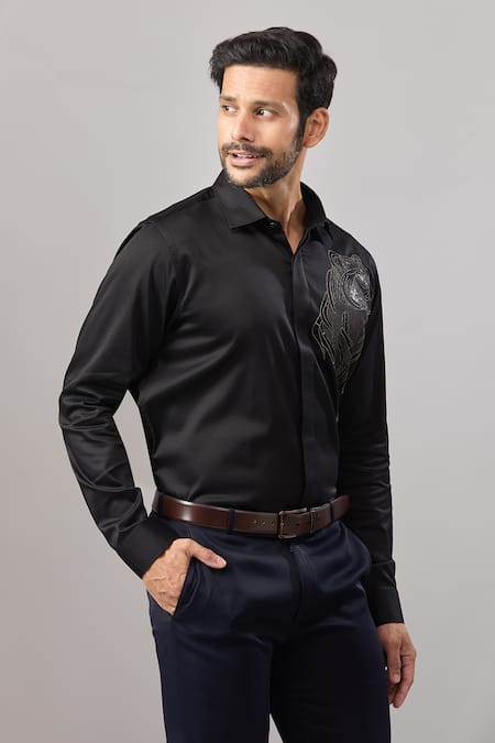 Buy_Aariyana Couture_Black Cotton Embroidery Panther Placement Casual Shirt _Online_at_Aza_Fashions