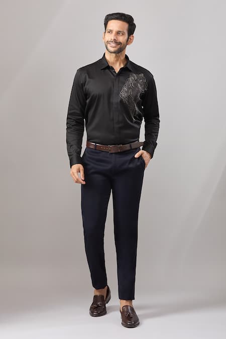 Shop_Aariyana Couture_Black Cotton Embroidery Panther Placement Casual Shirt _Online_at_Aza_Fashions
