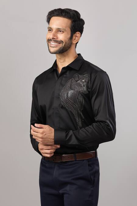 Aariyana Couture_Black Cotton Embroidery Panther Placement Casual Shirt _at_Aza_Fashions