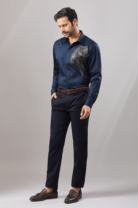 Aariyana Couture_Navy Cotton Embroidery Big Panther Placement Shirt _Online_at_Aza_Fashions