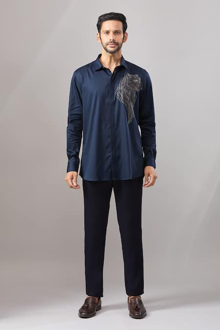 Buy_Aariyana Couture_Navy Cotton Embroidery Big Panther Placement Shirt _Online_at_Aza_Fashions