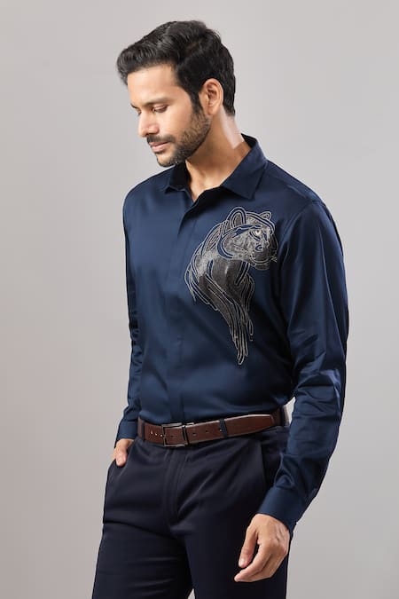 Shop_Aariyana Couture_Navy Cotton Embroidery Big Panther Placement Shirt _Online_at_Aza_Fashions
