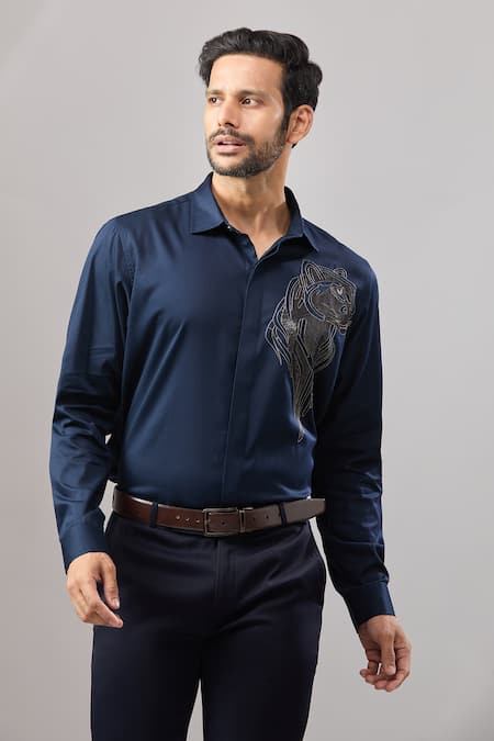 Aariyana Couture_Navy Cotton Embroidery Big Panther Placement Shirt _at_Aza_Fashions