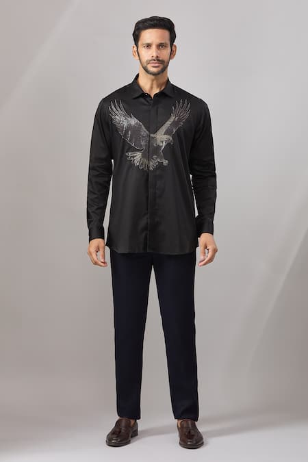 Aariyana Couture_Black Cotton Embroidery Eagle Placement Casual Shirt _Online_at_Aza_Fashions