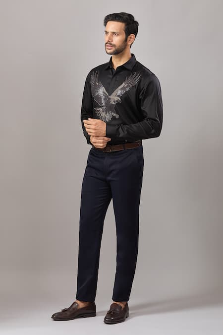 Buy_Aariyana Couture_Black Cotton Embroidery Eagle Placement Casual Shirt _Online_at_Aza_Fashions
