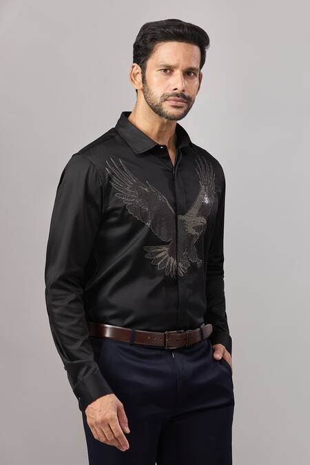 Shop_Aariyana Couture_Black Cotton Embroidery Eagle Placement Casual Shirt _Online_at_Aza_Fashions