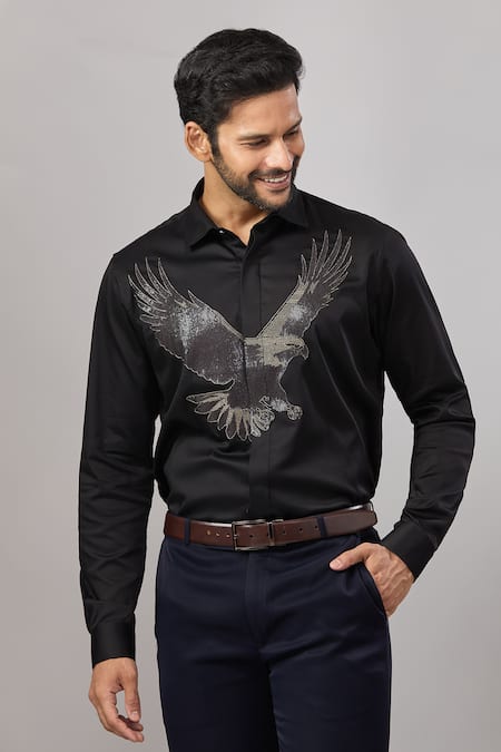 Aariyana Couture_Black Cotton Embroidery Eagle Placement Casual Shirt _at_Aza_Fashions