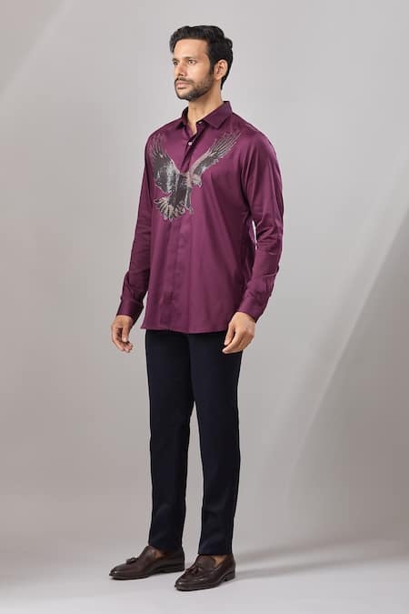 Aariyana Couture_Burgundy Cotton Embroidery Falcon Placement Shirt _Online_at_Aza_Fashions