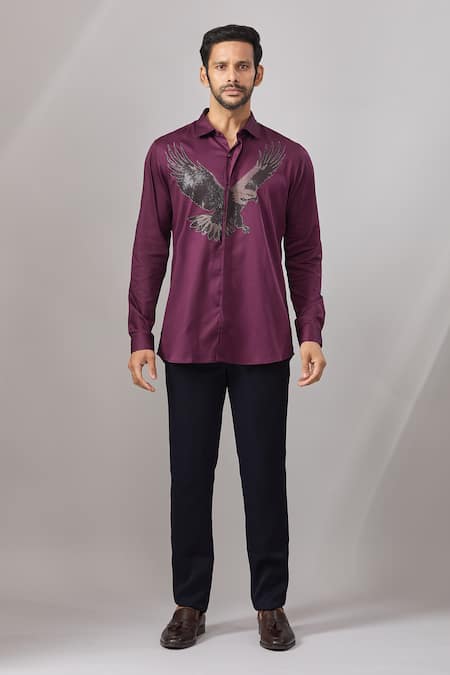 Buy_Aariyana Couture_Burgundy Cotton Embroidery Falcon Placement Shirt _Online_at_Aza_Fashions