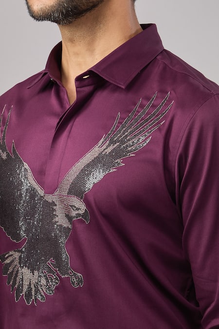Aariyana Couture_Burgundy Cotton Embroidery Falcon Placement Shirt _at_Aza_Fashions