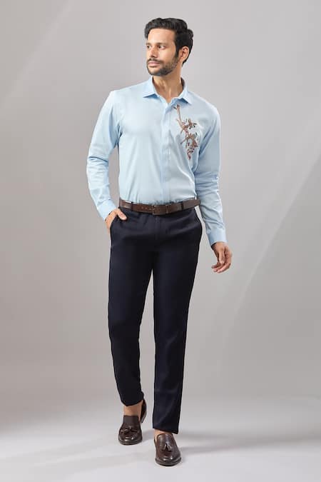 Aariyana Couture_Blue Cotton Beads Placement Embroidered Casual Shirt _Online_at_Aza_Fashions