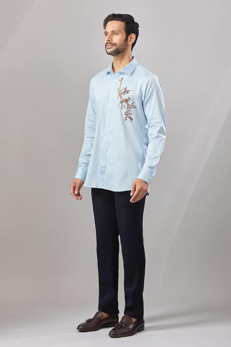 Buy_Aariyana Couture_Blue Cotton Beads Placement Embroidered Casual Shirt _Online_at_Aza_Fashions
