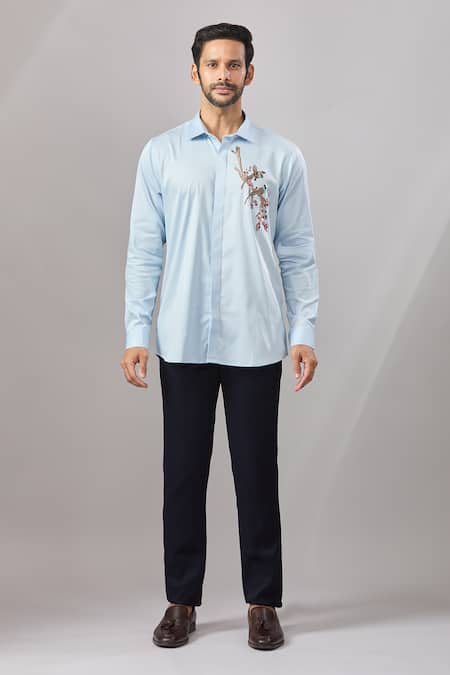 Shop_Aariyana Couture_Blue Cotton Beads Placement Embroidered Casual Shirt _Online_at_Aza_Fashions