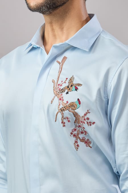 Aariyana Couture_Blue Cotton Beads Placement Embroidered Casual Shirt _at_Aza_Fashions