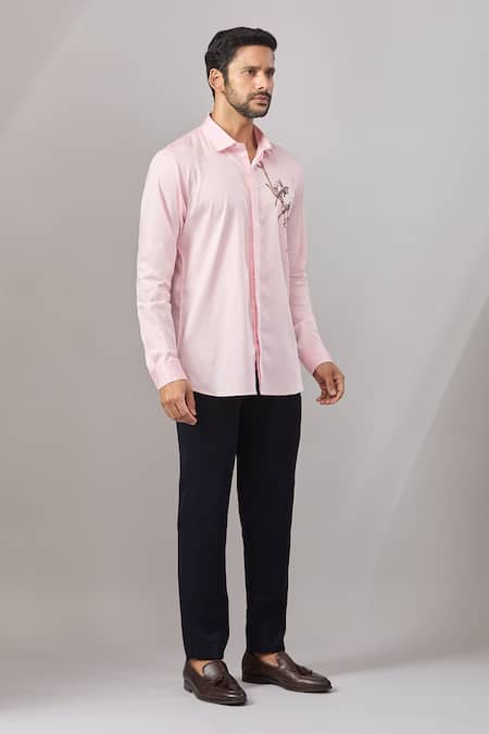 Aariyana Couture_Pink Cotton Embroidery Floral Placement Casual Shirt _Online_at_Aza_Fashions