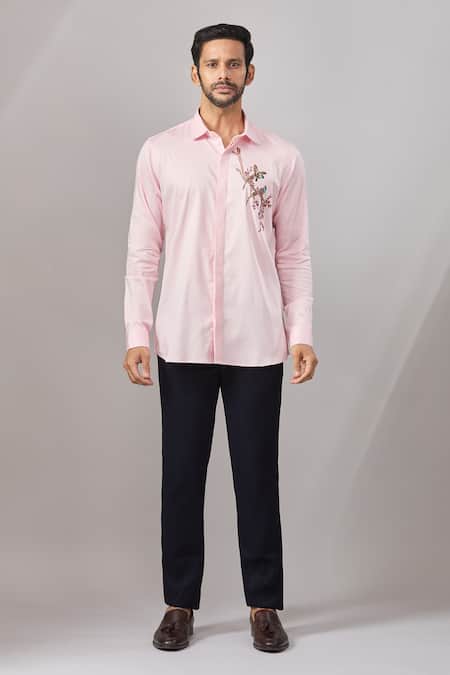 Buy_Aariyana Couture_Pink Cotton Embroidery Floral Placement Casual Shirt _Online_at_Aza_Fashions