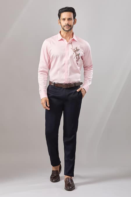 Shop_Aariyana Couture_Pink Cotton Embroidery Floral Placement Casual Shirt _Online_at_Aza_Fashions
