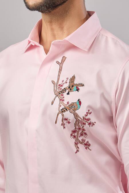 Aariyana Couture_Pink Cotton Embroidery Floral Placement Casual Shirt _at_Aza_Fashions