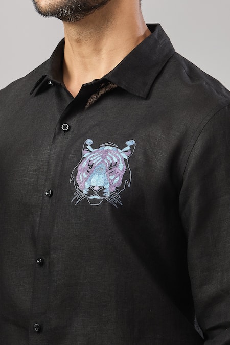 Aariyana Couture_Black Cotton Embroidery Dori Placement Casual Shirt _at_Aza_Fashions