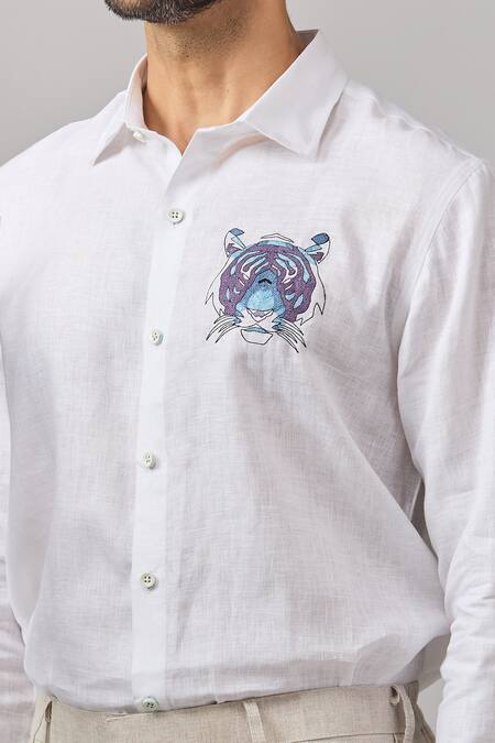 Ariyana By Aza_White Cotton Embroidery Thread Placement Casual Shirt _Online_at_Aza_Fashions