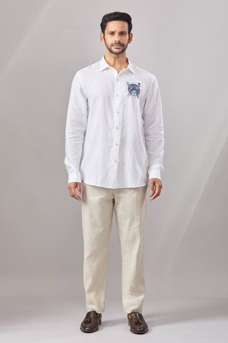 Ariyana By Aza_White Cotton Embroidery Thread Placement Casual Shirt _at_Aza_Fashions