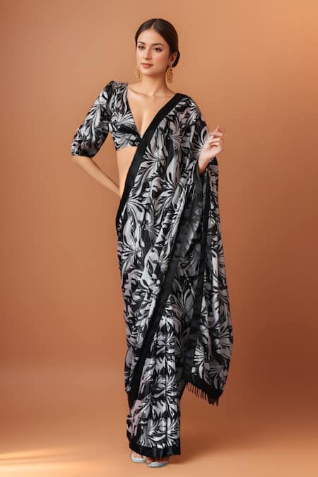 Samyukta Singhania Black Printed Pre-Draped Saree Set 