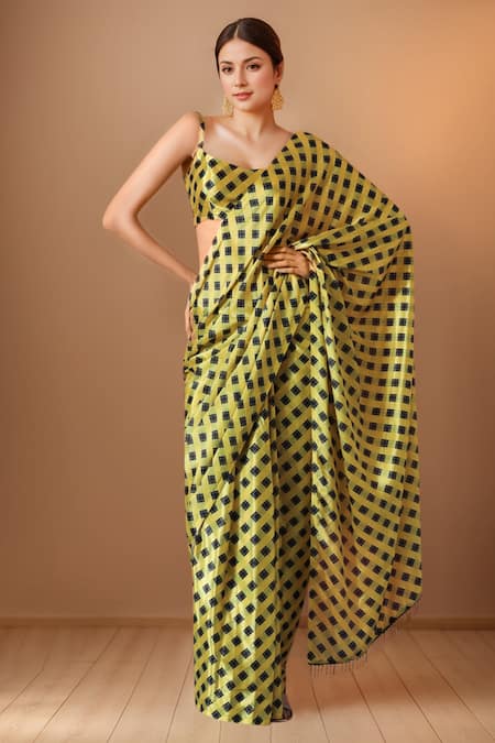 Samyukta Singhania Yellow & Black Printed Pre-Draped Saree 