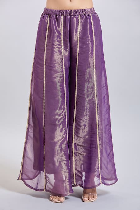 Buy_Samyukta Singhania_Purple Tissue Embroidery Round Neck Angarkha Palazzo Set 