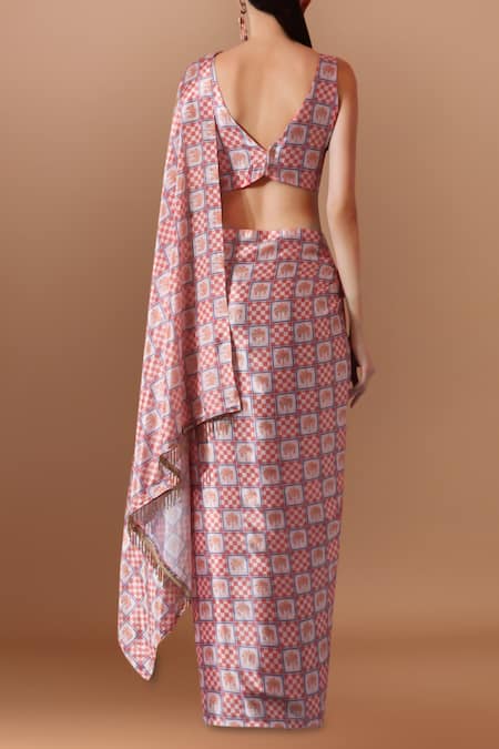 Shop_Naintara Bajaj_Multi Color Plunge Neck Printed Pre-draped Saree Set _at_Aza_Fashions