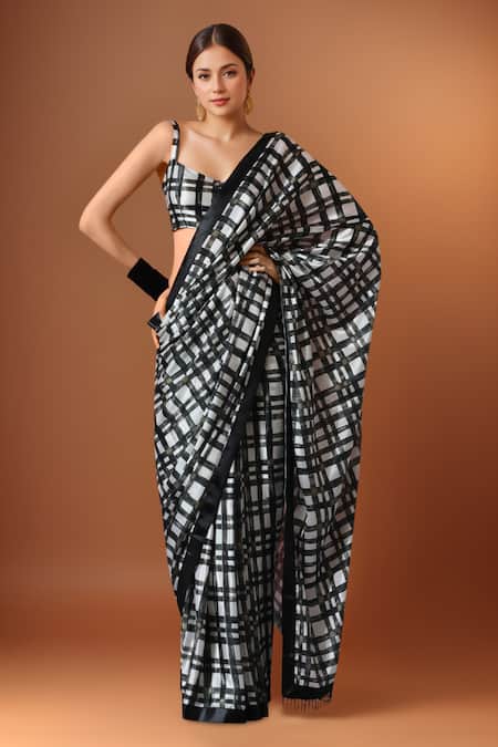 Samyukta Singhania Black & White Printed Pre-Draped Saree Set 